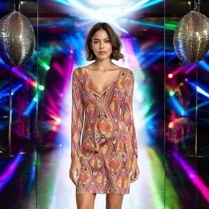 California Costume Disco Doll Mini Dress S Multicolor Geometric Silver 70s EXC